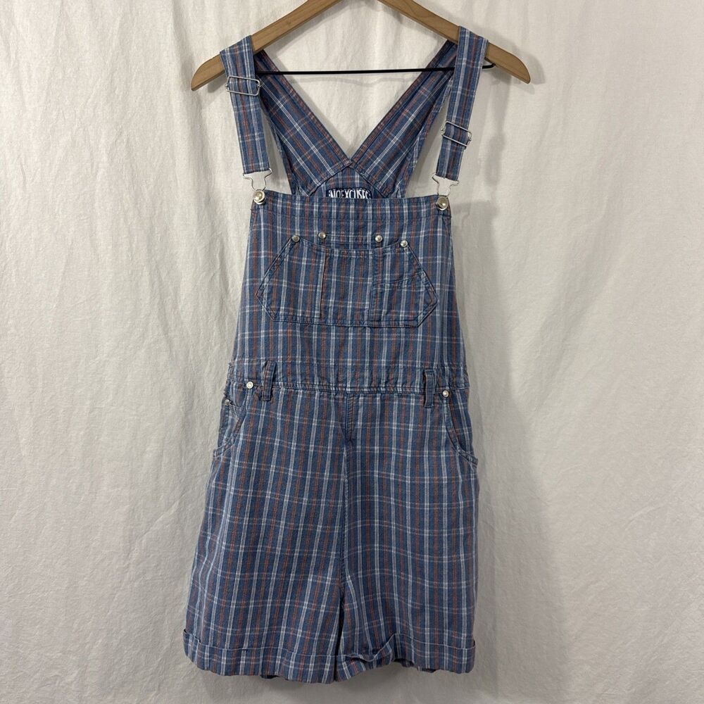 No Excuse Denim Vintage Striped Bib Shortalls Overalls Womens Sz L Cotton Y2K